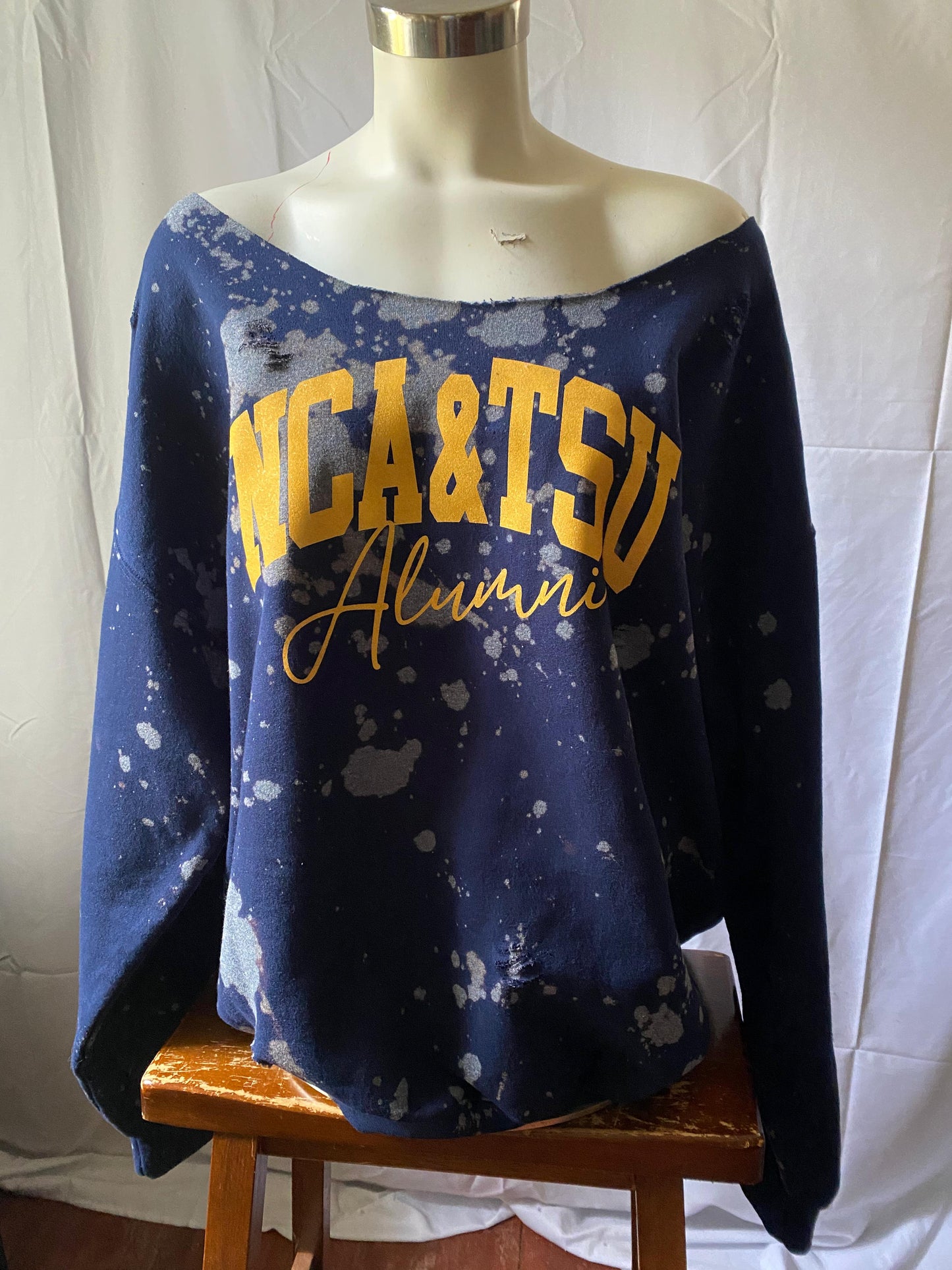 Handmade NCA&TSU Alumni Yellow Glitter on Navy off Shoulder Sweatshirt