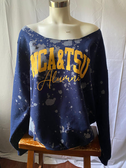 Handmade NCA&TSU Alumni Yellow Glitter on Navy off Shoulder Sweatshirt