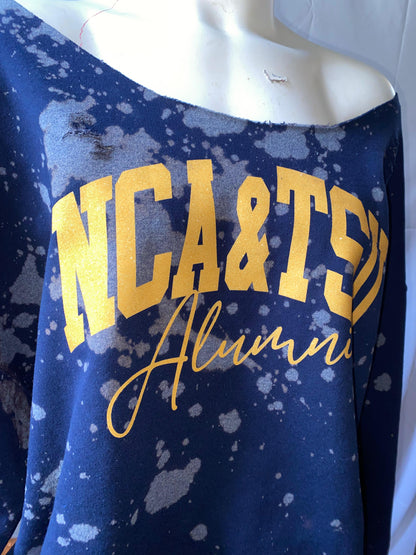 Handmade NCA&TSU Alumni Yellow Glitter on Navy off Shoulder Sweatshirt