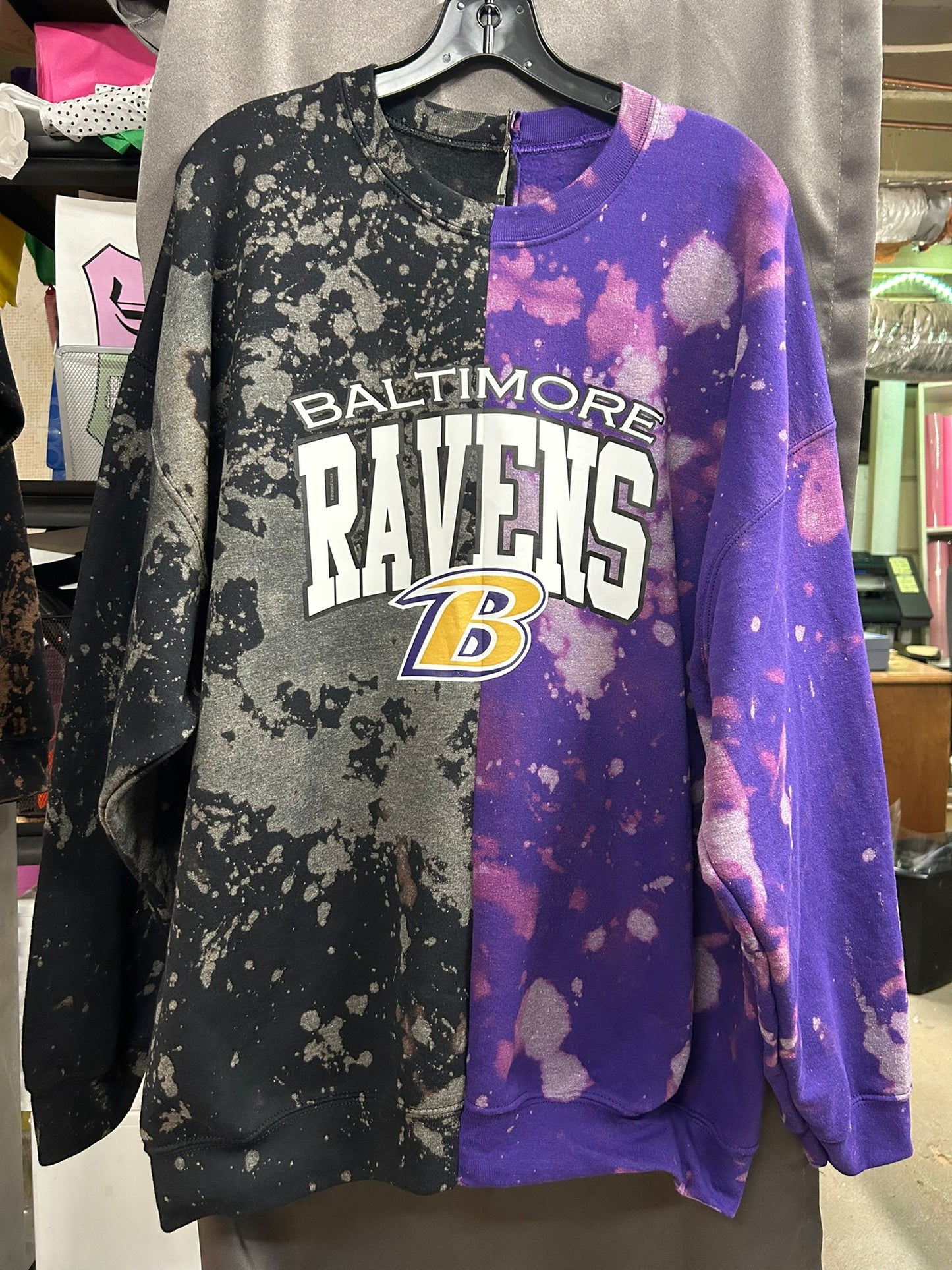 Handmade Baltimore Ravens Half and Half Hand Bleached Sweatshirt