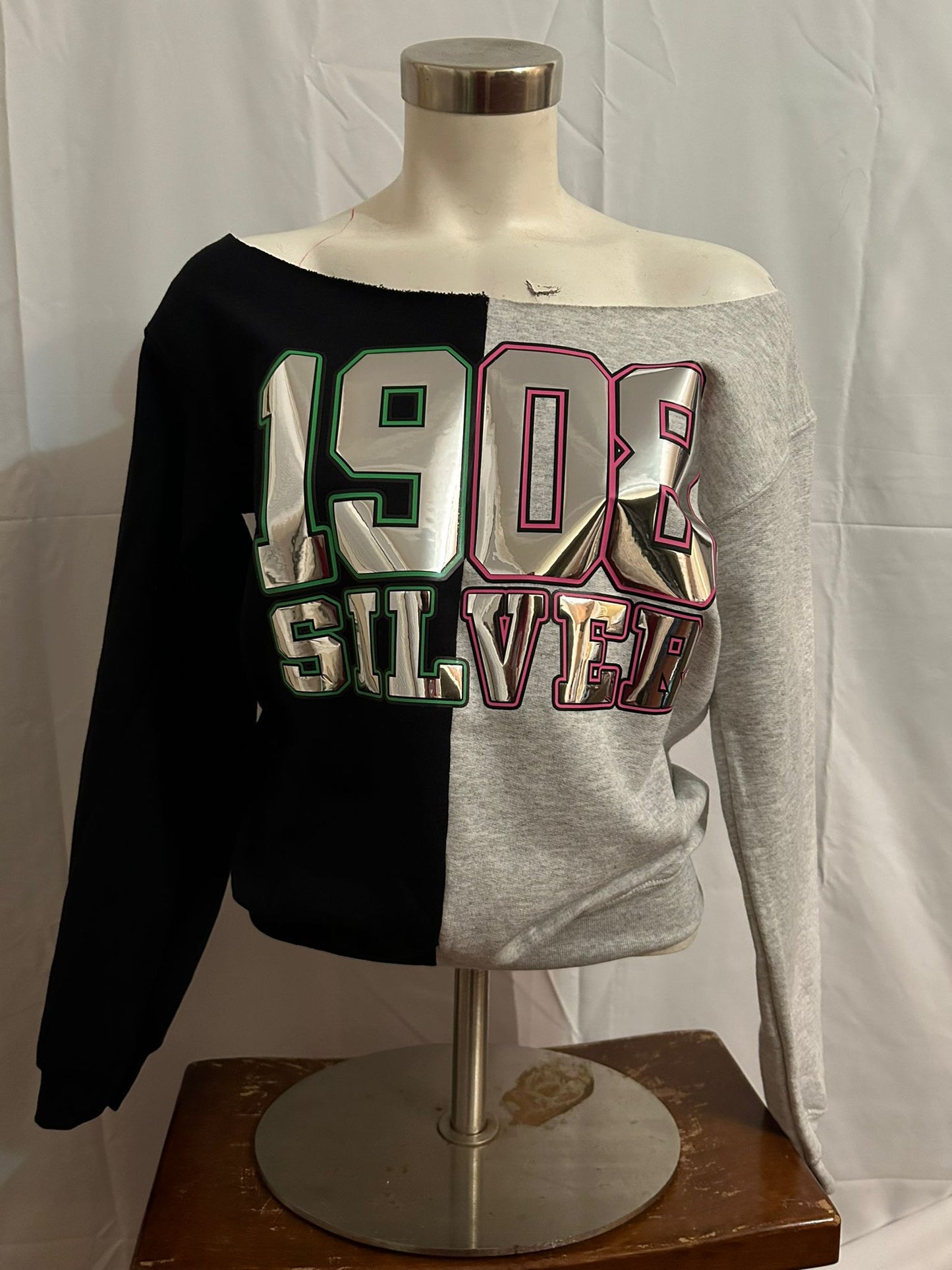 Handmade 1908 Silver Mirror Metallic Black Grey Half and Half Sweatshirt