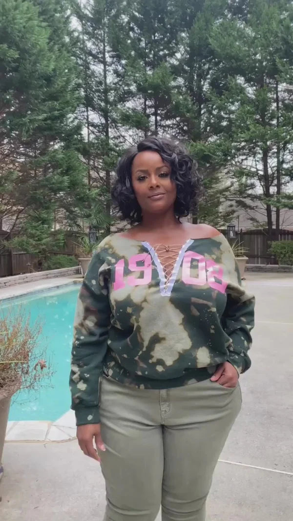 The Signature "Girls Night Out" Forest 1908 Stonewash Off-Shoulder Corset Sweatshirt