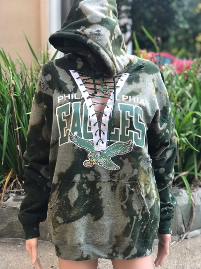 Handmade Philadelphia Eagles Vintage Bird Green Bleached Distressed Lace Up Hoodie