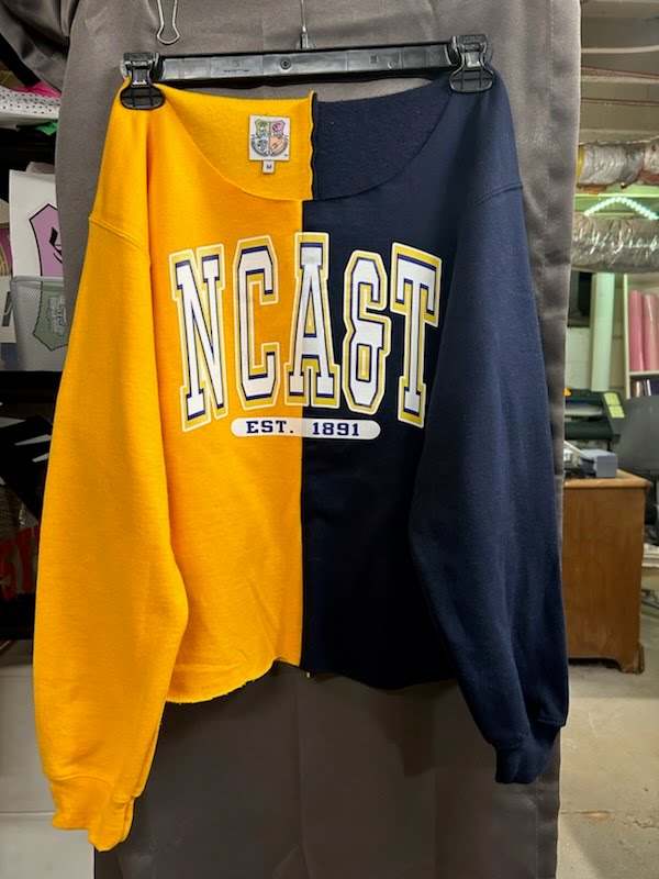 North Carolina A&T State University Sweatshirt ,NCAT Half and half shirt,NCAT color block sweater,Navy and gold NCAT Sweater