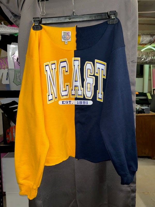 North Carolina A&T State University Sweatshirt, NCAT Half and half shirt, NCAT color block sweater , Navy and gold NCAT Sweater