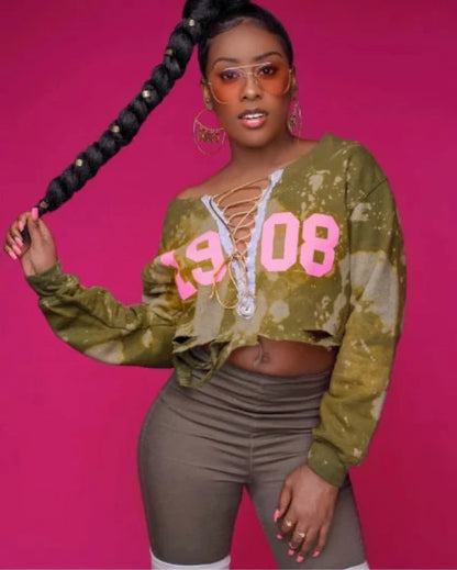 The Signature "Girls Night Out" Forest 1908 Stonewash Off-Shoulder Corset Sweatshirt