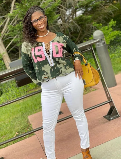 The Signature "Girls Night Out" Forest 1908 Stonewash Off-Shoulder Corset Sweatshirt