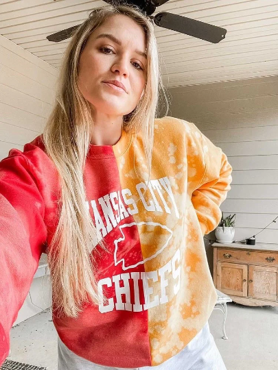 Handmade Kansas City Chiefs Red Gold Bleached Half and Half Crew Sweatshirt