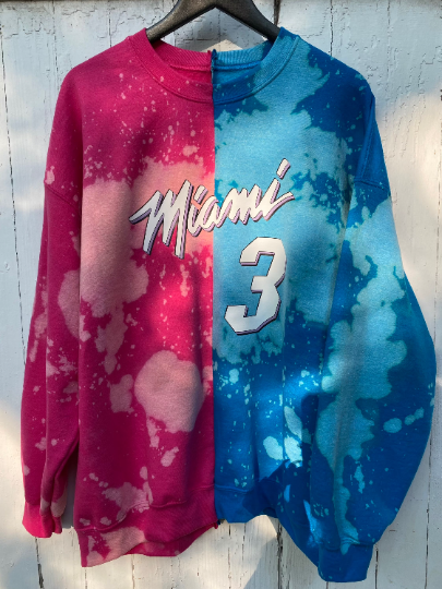 Cami Co. Lace Designs Handmade Miami Heat Pink Blue Vice Hand Bleached Half and Half T-Shirt or Crew XL / Sweatshirt