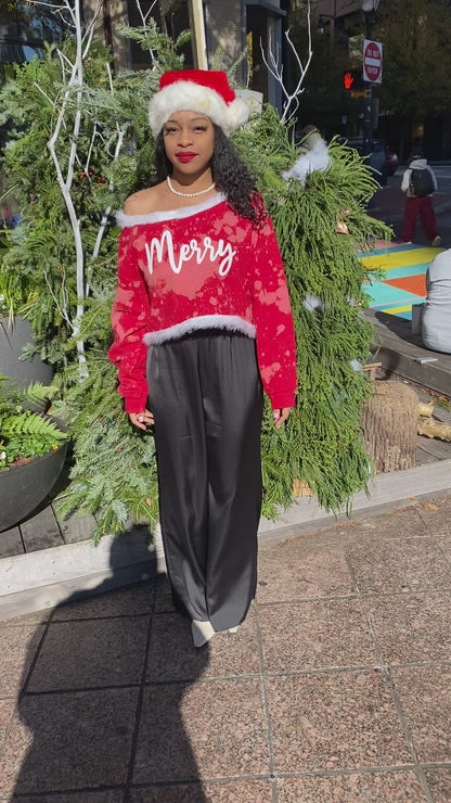 Festive Frost 'Merry' Cropped Hand Bleached Holiday Sweatshirt