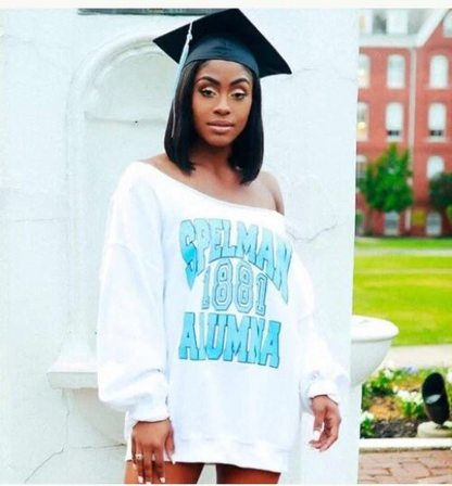 Handmade Spelman 1881 Alumna Baby Blue on White Off Shoulder Sweatshirt