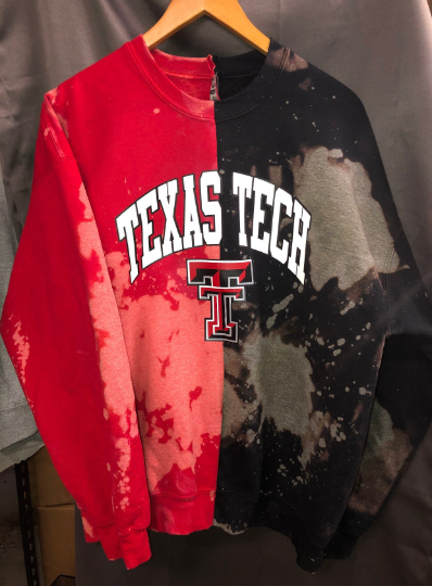 Handmade Texas Tech Red Black Half and Half Hand Bleached Crewneck Sweatshirt