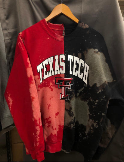 Handmade Texas Tech Red Black Half and Half Hand Bleached Crewneck Sweatshirt