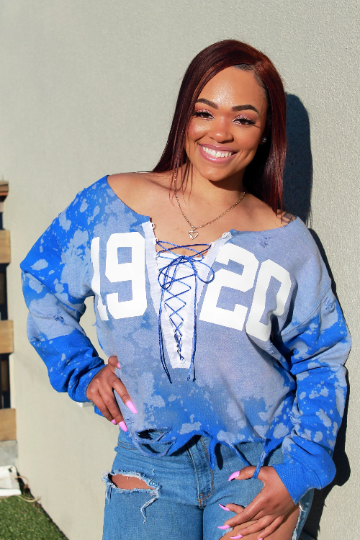 Cami Co. Lace Designs Handmade Denver Broncos Orange Royal Blue Hand-Bleached Half and Half Sweatshirt XL