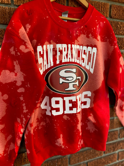 Handmade San Francisco 49ers Red or Black Hand Bleached Crew Neck Sweatshirt