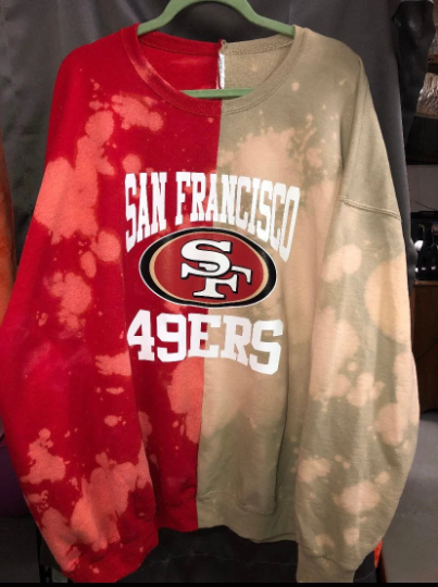 Handmade San Francisco 49ers Old Gold and Red Hand Bleached Half and Half Sweatshirt