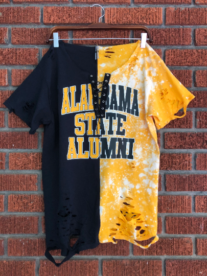 Handmade Alabama State Alumni Gold Black Hand Bleached Half and Half Distressed Off-Shoulder Lace-Up T-Shirt
