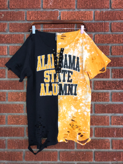 Handmade Alabama State Alumni Gold Black Hand Bleached Half and Half Distressed Off-Shoulder Lace-Up T-Shirt