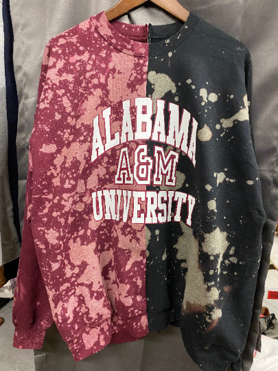 Handmade Alabama A & M University Maroon and Black Bleached half and half Crew neck Sweatshirt