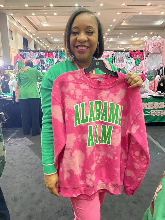 Alabama A&M AAMU pink and green AKA Alpha Kappa Alpha Sweatshirt hand bleached handmade sweater
