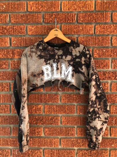 Support a Cause! Bold B.L.M. (Black Lives Matter) Handmade Bleached Crew Neck or Off Shoulder Super Crop Sweater