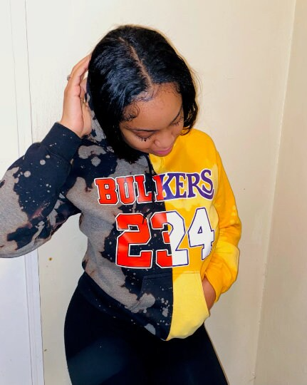 Cami Co. Lace Designs Handmade BUL-KERS Bulls 23 Lakers 24 Jordan-Kobe Half and Half Hand Bleached Black Gold Hooded Sweatshirt with Pockets M