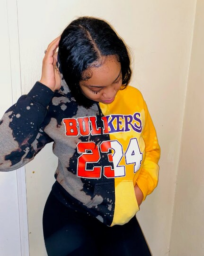 Handmade BUL-KERS Bulls 23 Lakers 24 Jordan-Kobe Half and Half Hand Bleached Black Gold Hooded Sweatshirt with Pockets