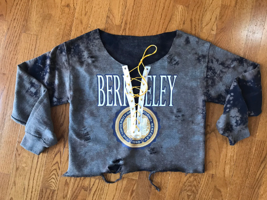 Handmade University of California Berkeley Navy Blue Hand Bleached Yellow Gold Lace Up Distressed Sweatshirt