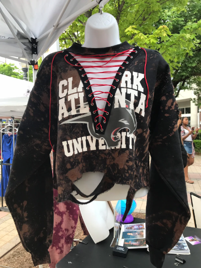 Handmade Clark Atlanta University Black Red White Hand Bleached Keep The Collar Lace Up Sweatshirt Distressed
