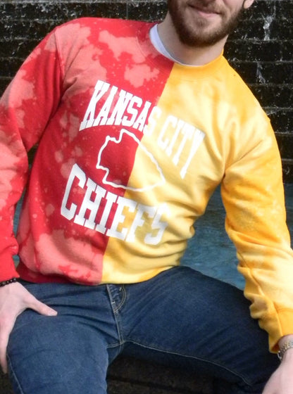 Handmade Kansas City Chiefs Red Gold Bleached Half and Half Crew Sweatshirt