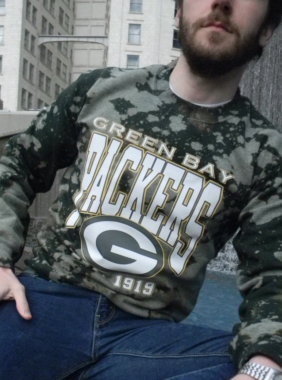 Handmade Green Bay Packers Forest Green Bleached Unisex Crewneck Sweatshirt