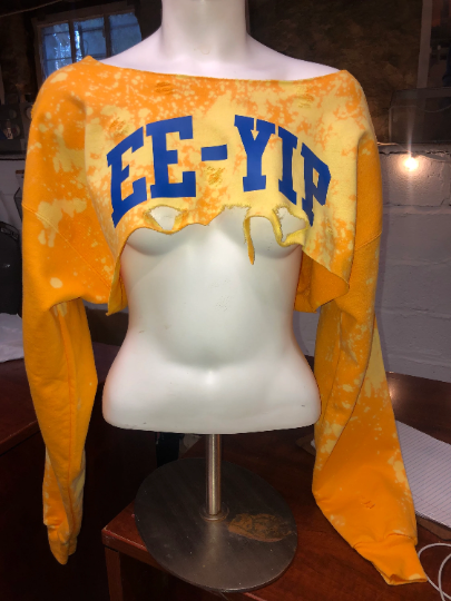 Handmade SGR Ee-Yip Gold Royal Off Shoulder Distressed Super Crop Sweatshirt