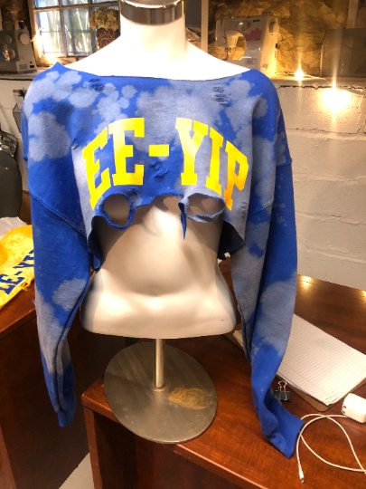 Handmade SGR Ee-Yip Gold Royal Off Shoulder Distressed Super Crop Sweatshirt