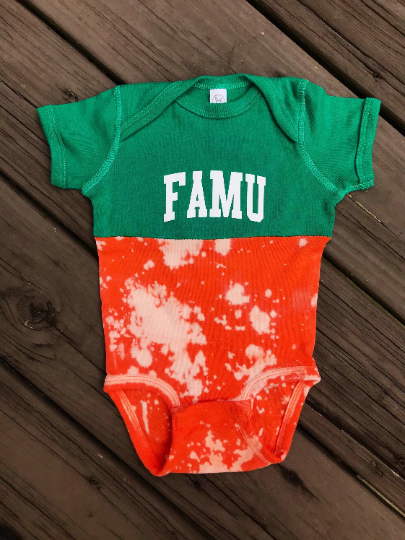 Handmade FAMU Baby Orange Kelly Green Half Bleached Color Block Rib Onesie Bodysuit