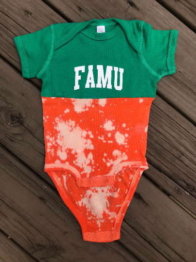 Handmade FAMU Baby Orange Kelly Green Half Bleached Color Block Rib Onesie Bodysuit