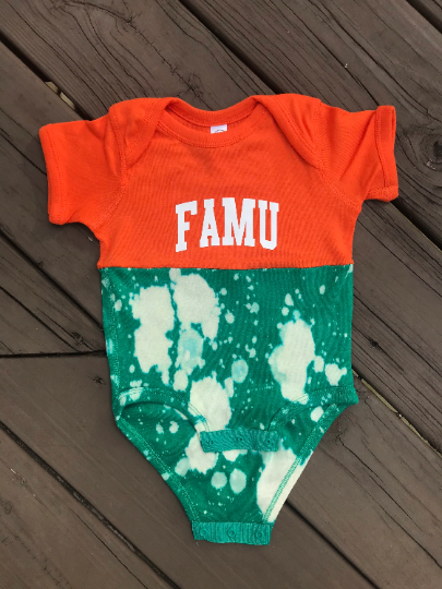 Handmade FAMU Baby Orange Kelly Green Half Bleached Color Block Rib Onesie Bodysuit