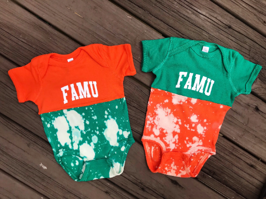 Handmade FAMU Baby Orange Kelly Green Half Bleached Color Block Rib Onesie Bodysuit