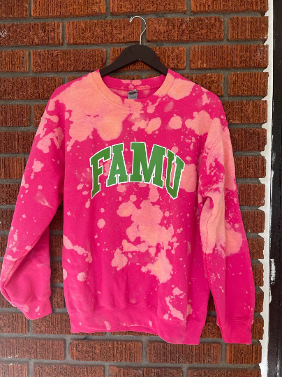 FAMU Florida A&M pink and green AKA Alpha Kappa Alpha Sweatshirt hand bleached handmade
