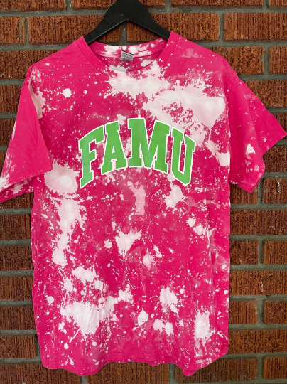 FAMU Florida A&M pink and green AKA Alpha Kappa Alpha tee shirt hand bleached handmade t-shirt