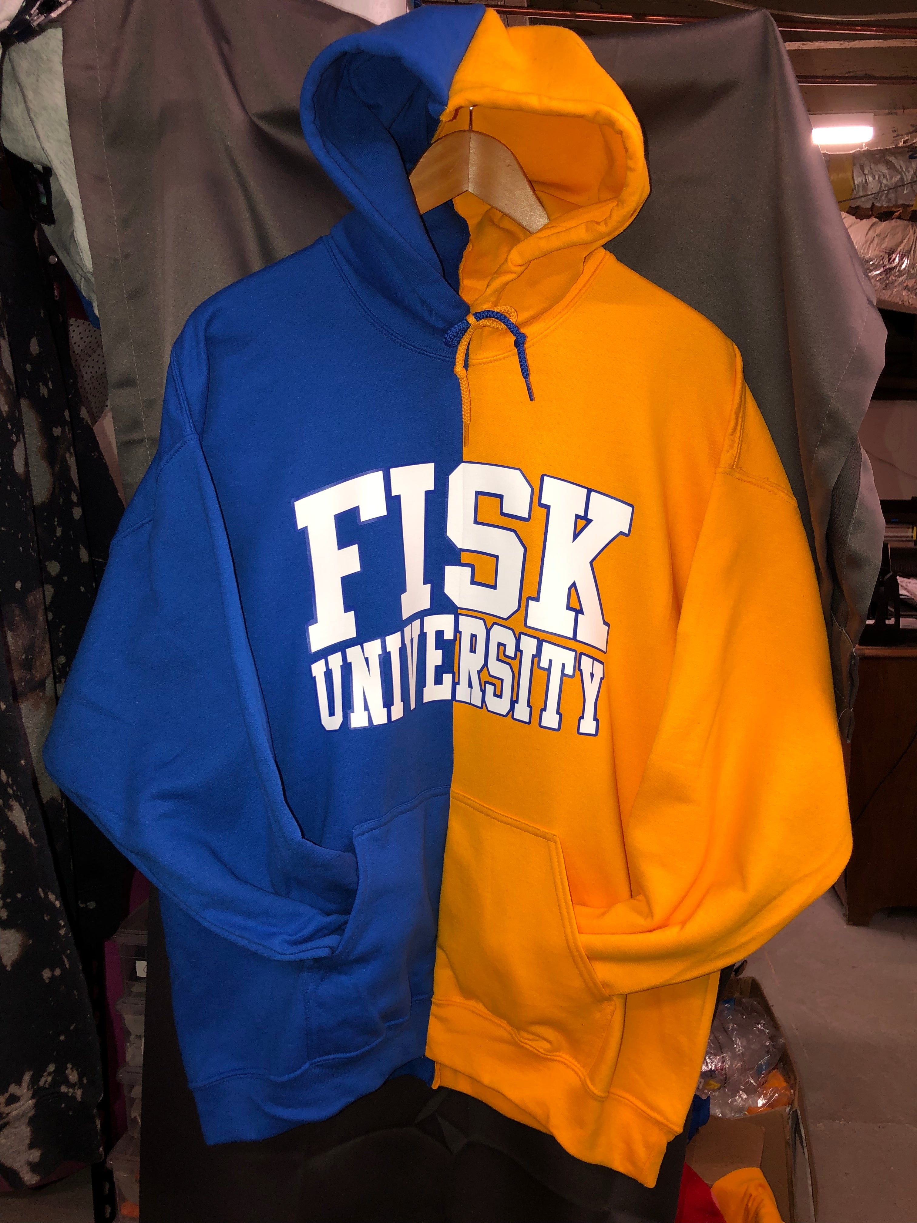 Handmade Fisk University Royal Gold Half and Half Unisex Hoodie with P Cami Co. Lace Designs