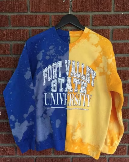 Handmade Fort Valley State University Royal Gold Hand Bleached Half and Half Crew Neck Unisex Sweatshirt