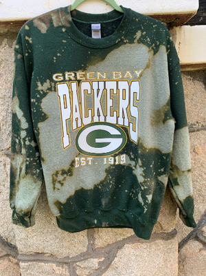 Cami Co. Lace Designs Handmade Green Bay Packers Forest Green Bleached Unisex Crewneck Sweatshirt S / Black / Crew