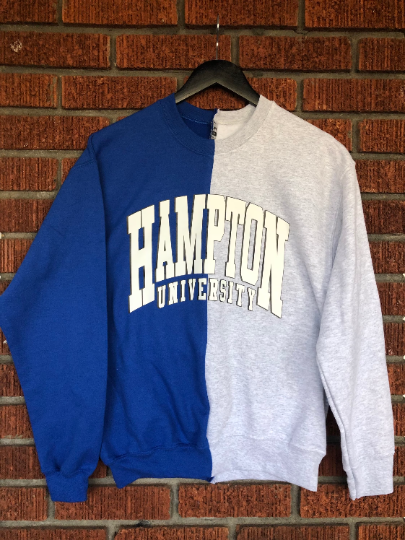 Hampton University Royal Blue Grey White Half and Half Unisex Vintage Sweater Sweatshirt Hand Bleach HU Handmade Seal Distress Custom 1868 