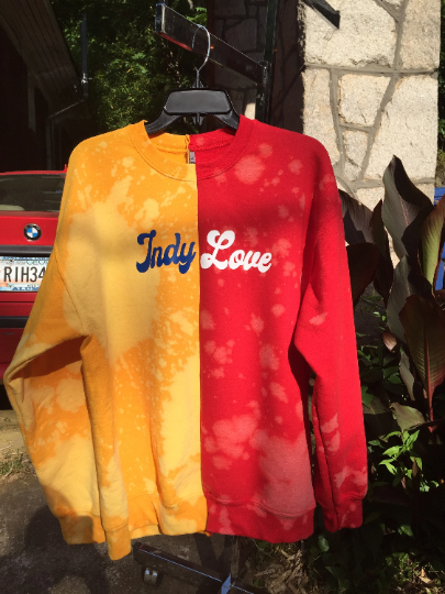 Handmade Indy Love Gold Red Hand Bleached Half and Half Crew Neck Unisex Sweatshirt