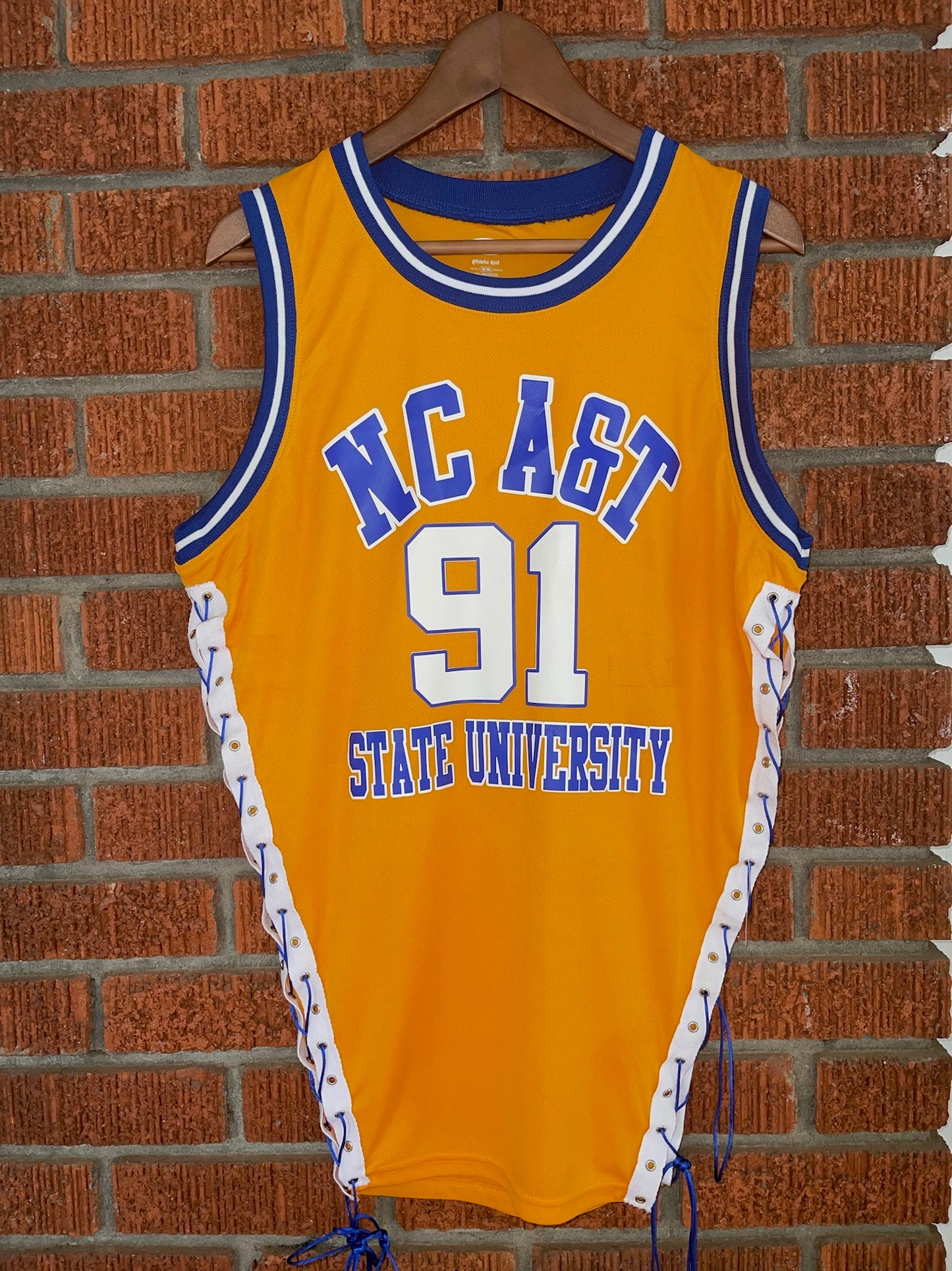 Handmade NCAT NC A&T '91 Royal Gold Side Lace Sleeveless Jersey Top