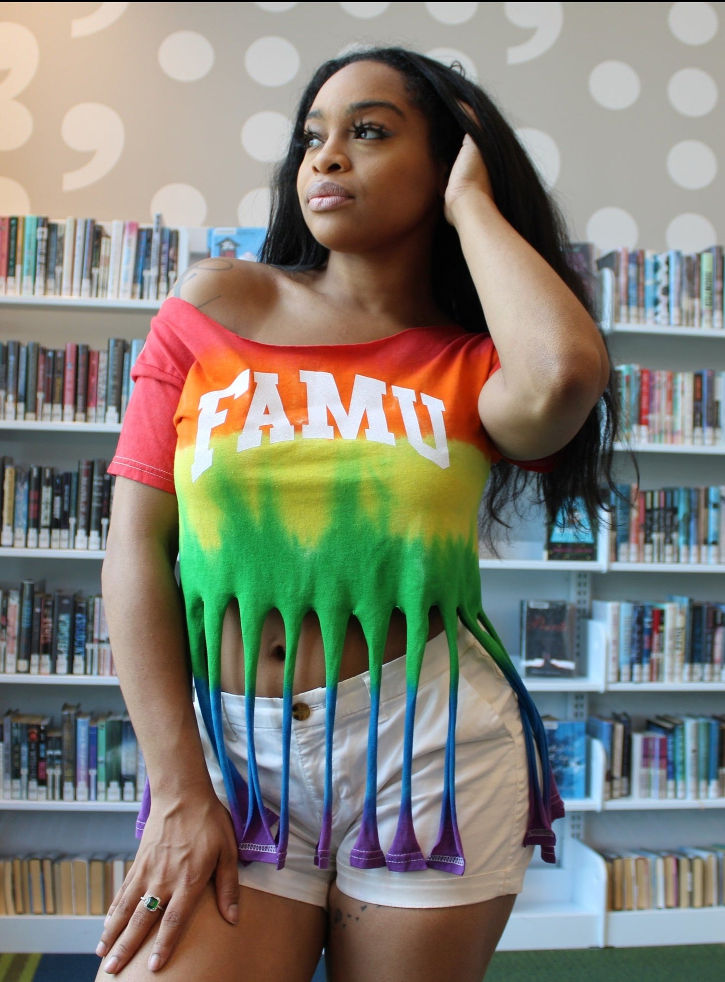 Handmade FAMU Pride Ombre Rainbow Short Sleeve Crew Fringe or Spider Web Back Design Summer T-Shirt