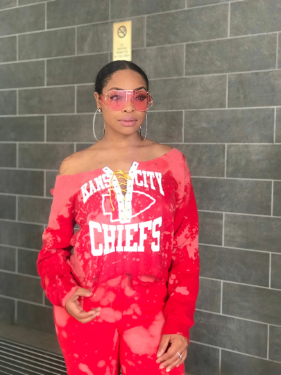 Handmade Kansas City Chiefs Red Gold Bleached Lace Up Sweatshirt