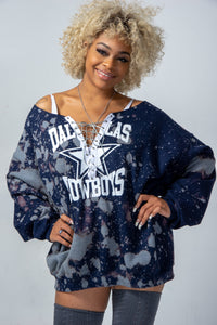 Cami Co. Lace Designs Handmade Dallas Cowboys Navy Bleached Silver Satin Lace Up Sweatshirt L / Longer Crop