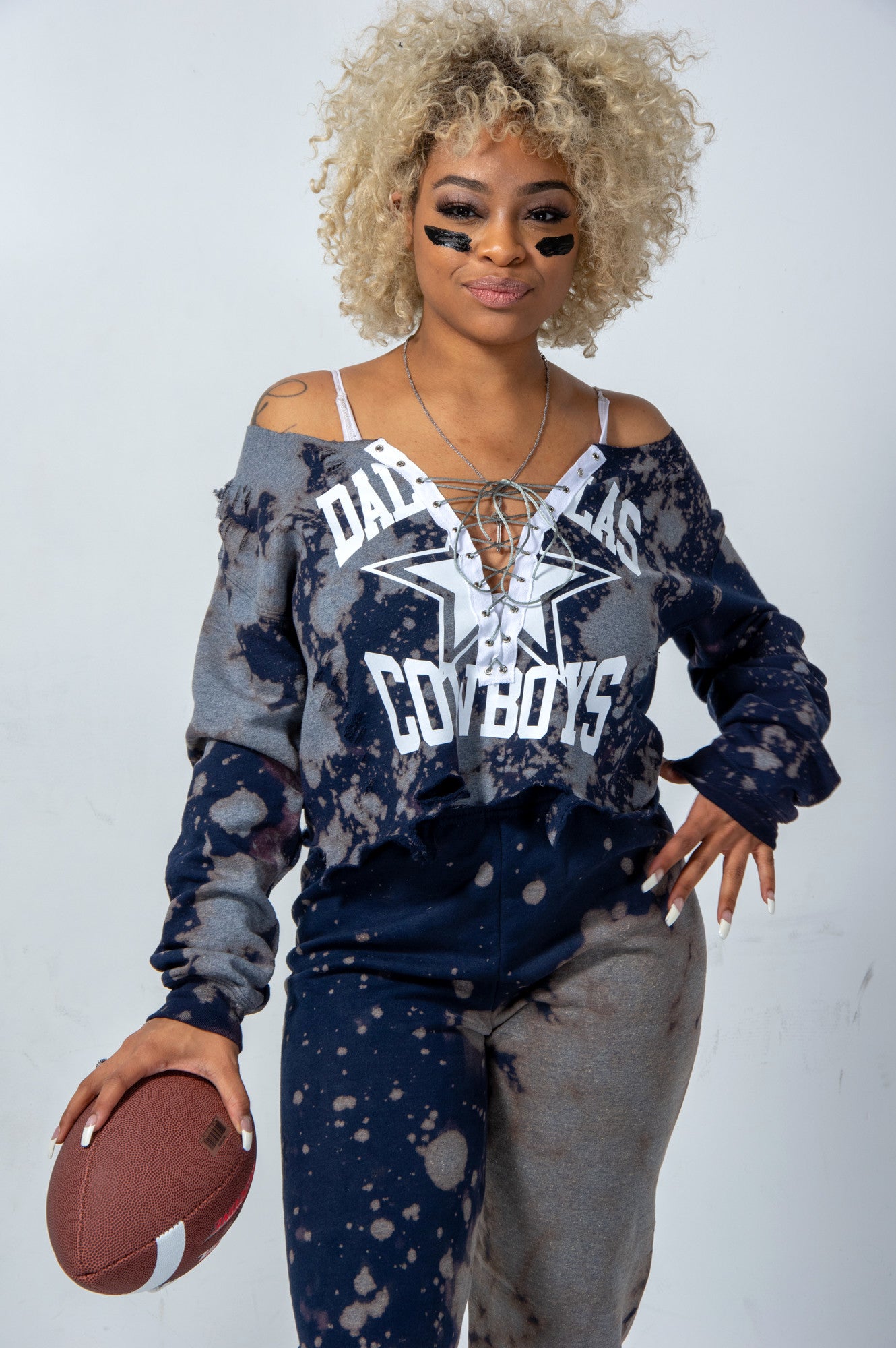 Cami Co. Lace Designs Handmade Dallas Cowboys Navy Bleached Silver Satin Lace Up Sweatshirt L / Longer Crop