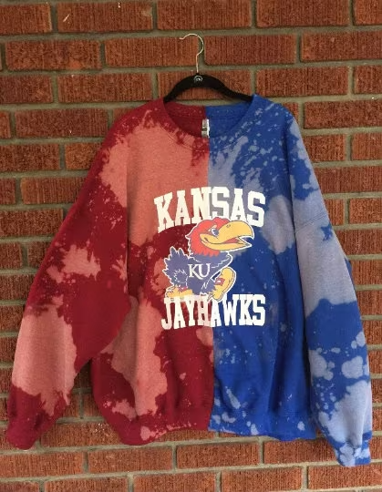 Handmade University of Kansas Jayhawks Crimson Royal Blue Bleached Half and Half Crew Neck Sweatshirt